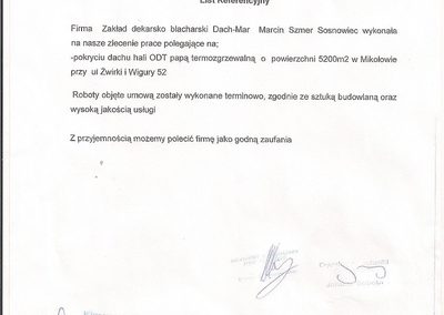 Referencje Dach-Mar - list polecający nr 1